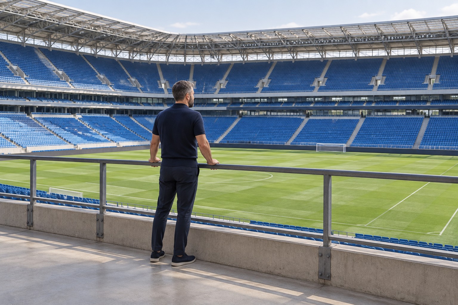 Borys Pacanowski widziany od tyłu przy barierce, patrzący na stadion — scena wizerunkowa